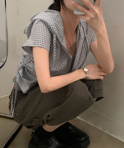 Vipoa(ヴィポア)の「drawstring food check shirt(シャツ/ブラウス・レディース・ピンク/グレー・FREE)」の16枚目の写真