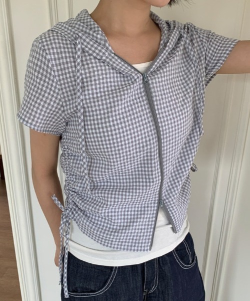 Vipoa(ヴィポア)の「drawstring food check shirt(シャツ/ブラウス・レディース・ピンク/グレー・FREE)」の3枚目の写真