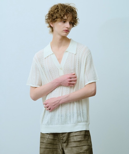 セール】rayon openwork skipper knit shirt / レーヨン透かし編み