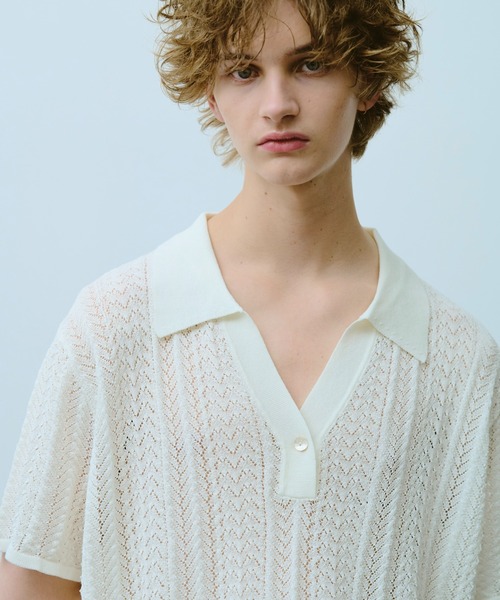 Camphor wood（カンファーウッド）の「rayon openwork skipper knit shirt / レーヨン透かし編みスキッパーニットシャツ（シャツ/ブラウス・メンズ・ホワイト/ブラック・MEDIUM/LARGE）」の4枚目の写真