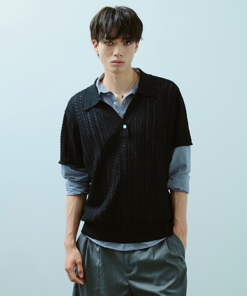 Camphor wood（カンファーウッド）の「rayon openwork skipper knit shirt / レーヨン透かし編みスキッパーニットシャツ（シャツ/ブラウス・メンズ・ホワイト/ブラック・MEDIUM/LARGE）」の22枚目の写真