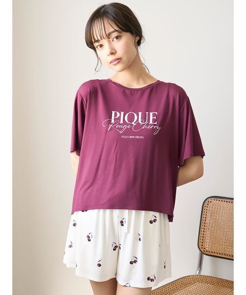 接触冷感】ルージュチェリーレーヨンロゴTシャツ（ルームウェア
