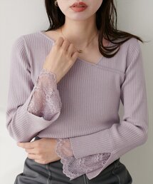袖レースアシメネックリブニット
