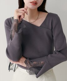 natural couture | 袖レースアシメネックリブニット(ニット/セーター)