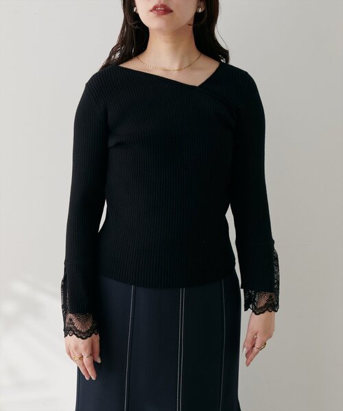 natural couture（ナチュラルクチュール）の「袖レースアシメネックリブニット（ニット/セーター・レディース・モカ/ブラウン/ボルドー/ピンク/ブラック/グレイッシュベージュ/チャコールグレー/オフホワイト・FREE）」の22枚目の写真