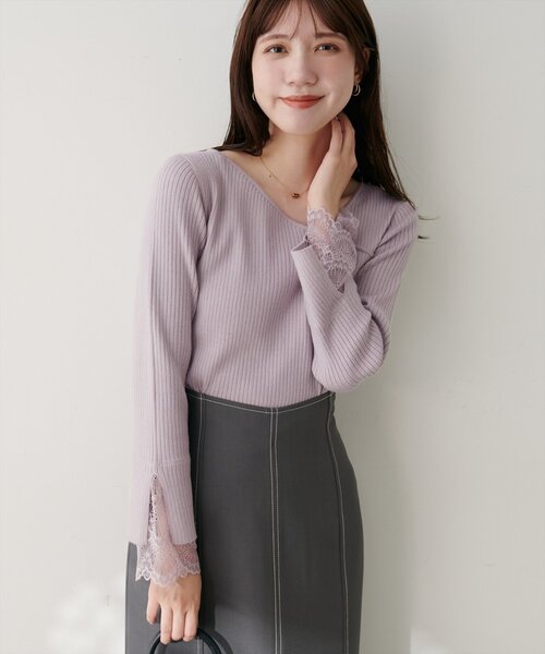 natural couture（ナチュラルクチュール）の「袖レースアシメネックリブニット（ニット/セーター・レディース・モカ/ブラウン/ボルドー/ピンク/ブラック/グレイッシュベージュ/チャコールグレー/オフホワイト・FREE）」の15枚目の写真