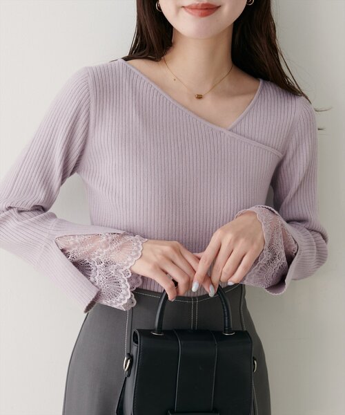 natural couture（ナチュラルクチュール）の「袖レースアシメネックリブニット（ニット/セーター・レディース・モカ/ブラウン/ボルドー/ピンク/ブラック/グレイッシュベージュ/チャコールグレー/オフホワイト・FREE）」の17枚目の写真
