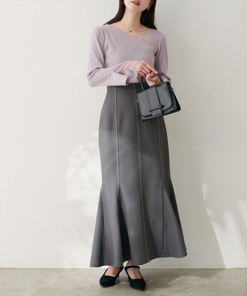 natural couture（ナチュラルクチュール）の「袖レースアシメネックリブニット（ニット/セーター・レディース・モカ/ブラウン/ボルドー/ピンク/ブラック/グレイッシュベージュ/チャコールグレー/オフホワイト・FREE）」の18枚目の写真