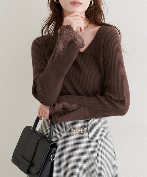 natural couture（ナチュラルクチュール）の「袖レースアシメネックリブニット（ニット/セーター・レディース・モカ/ブラウン/ボルドー/ピンク/ブラック/グレイッシュベージュ/チャコールグレー/オフホワイト・FREE）」の5枚目の写真