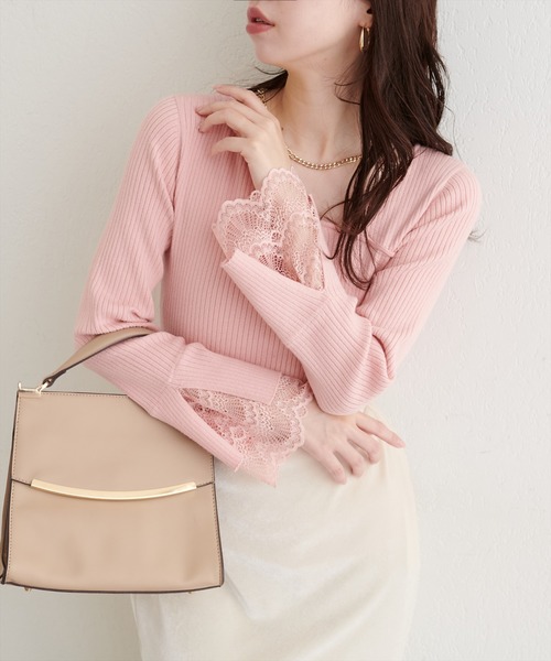 natural couture（ナチュラルクチュール）の「袖レースアシメネックリブニット（ニット/セーター・レディース・モカ/ブラウン/ボルドー/ピンク/ブラック/グレイッシュベージュ/チャコールグレー/オフホワイト・FREE）」の7枚目の写真