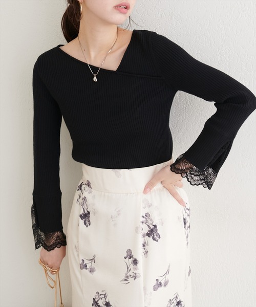 natural couture（ナチュラルクチュール）の「袖レースアシメネックリブニット（ニット/セーター・レディース・モカ/ブラウン/ボルドー/ピンク/ブラック/グレイッシュベージュ/チャコールグレー/オフホワイト・FREE）」の3枚目の写真