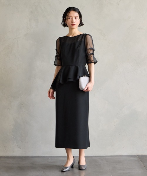 AIMER(エメ)の「シャンブレーオーガンジースリーブペプラムタイトパーティードレス 結婚式 お呼ばれ ドレス 20代 30代 40代(ドレス・レディース・キャメル/カーキ/ブラック・MEDIUM)」の5枚目の写真