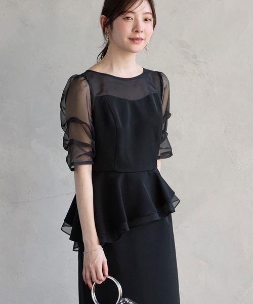 AIMER(エメ)の「シャンブレーオーガンジースリーブペプラムタイトパーティードレス 結婚式 お呼ばれ ドレス 20代 30代 40代(ドレス・レディース・キャメル/カーキ/ブラック・MEDIUM)」の18枚目の写真