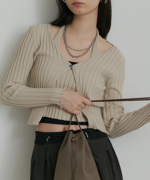 セール】フロントボタン レイヤードニットトップス（Tシャツ