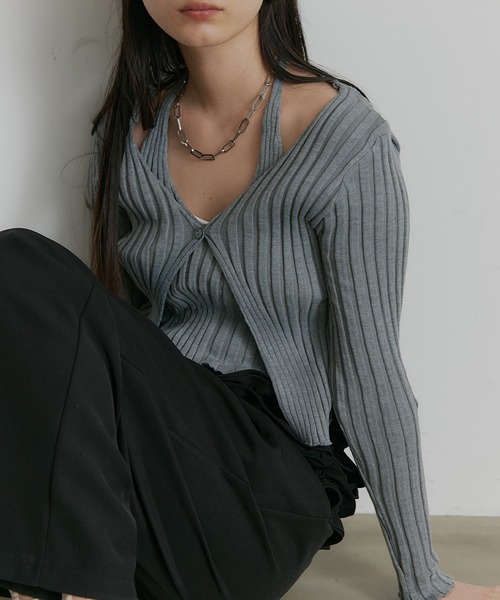 セール】フロントボタン レイヤードニットトップス（Tシャツ