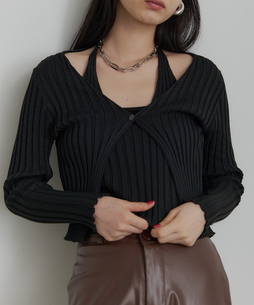 セール】フロントボタン レイヤードニットトップス（Tシャツ