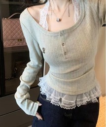 SHEPP | レースキャミソール ヘンリーネックレイヤード風トップス(Tシャツ/カットソー)