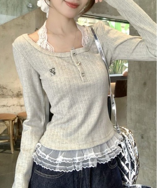 セール】レースキャミソール ヘンリーネックレイヤード風トップス（T