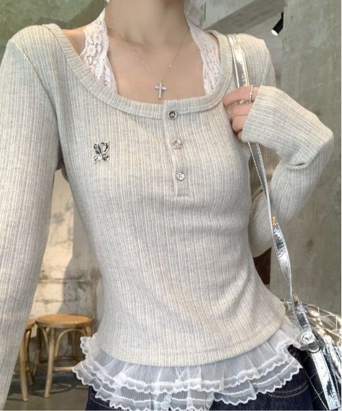 SHEPP(シープ)の「レースキャミソール ヘンリーネックレイヤード風トップス(Tシャツ/カットソー・レディース・アイボリー・M/L)」の7枚目の写真