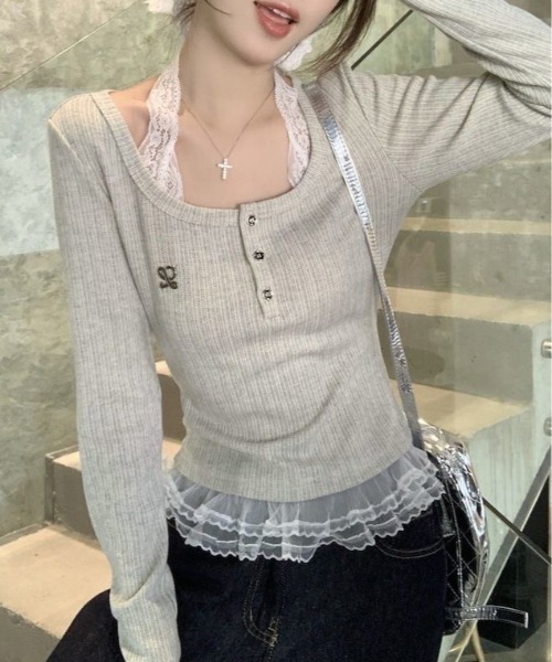 SHEPP(シープ)の「レースキャミソール ヘンリーネックレイヤード風トップス(Tシャツ/カットソー・レディース・アイボリー・M/L)」の5枚目の写真