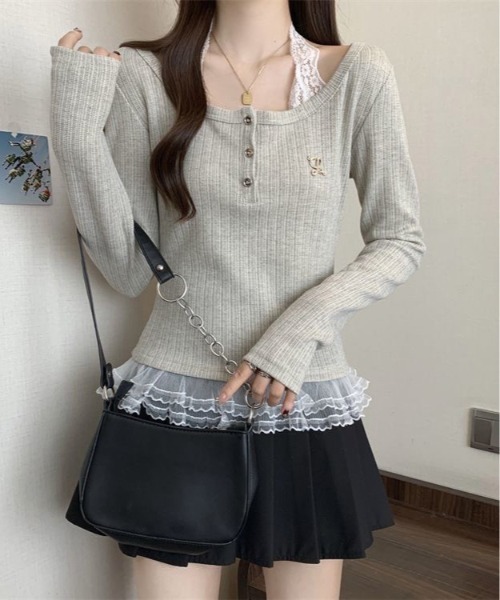 SHEPP(シープ)の「レースキャミソール ヘンリーネックレイヤード風トップス(Tシャツ/カットソー・レディース・アイボリー・M/L)」の3枚目の写真