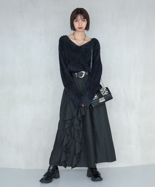 ラインフリンジティアードスカート/フリルスカート【ウエストゴム