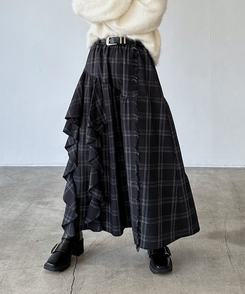 ラインフリンジティアードスカート/フリルスカート【ウエストゴム