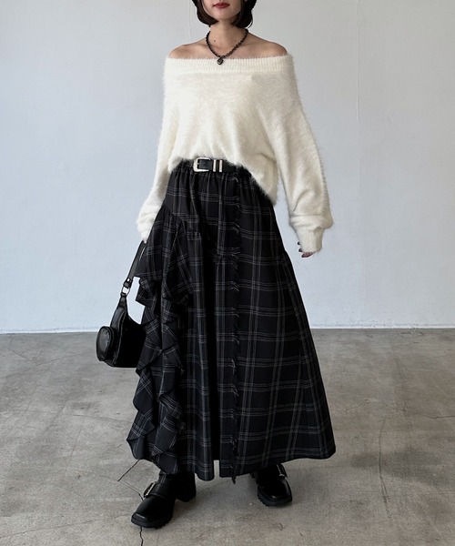 ラインフリンジティアードスカート/フリルスカート【ウエストゴム