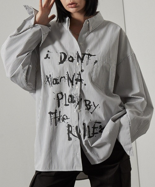 Alfred Alex(アルフレッドアレックス)の「【Alfred Alex】レタリングプリントオーバーサイズストライプシャツ(シャツ/ブラウス・レディース・ブラック/ホワイト・M/L)」の10枚目の写真