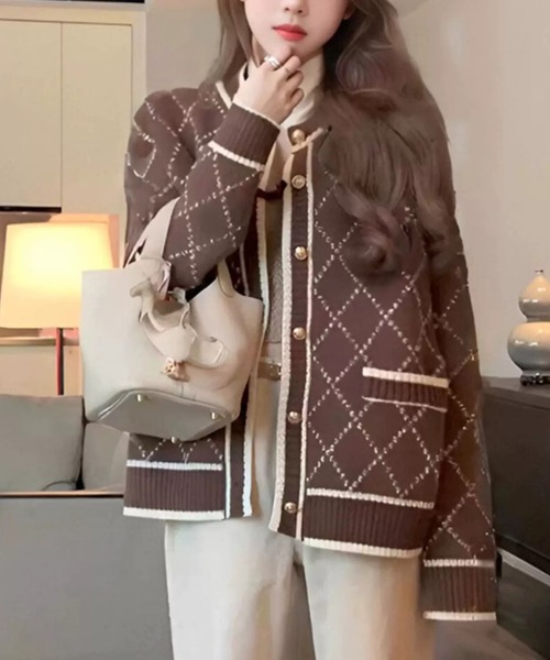 Sibra(シブラ)の「ラインリブダイヤカーディガン(新色追加!)(カーディガン/ボレロ・レディース・グレー/ブラウン/ブラック・M)」の1枚目の写真