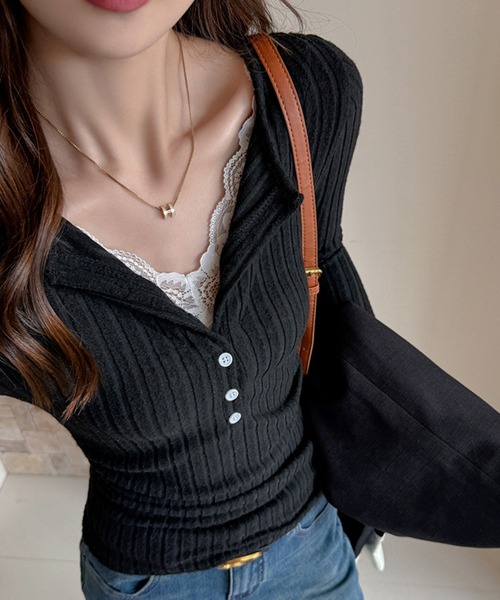 HALEY PESCA(ヘーリーペスカ)の「HALEY PESCA/ヘンリーネック バイカラーレイヤードカットソー(Tシャツ/カットソー・レディース・グレー/ブラック/ダークグレー/ホワイト・SMALL/MEDIUM)」の11枚目の写真