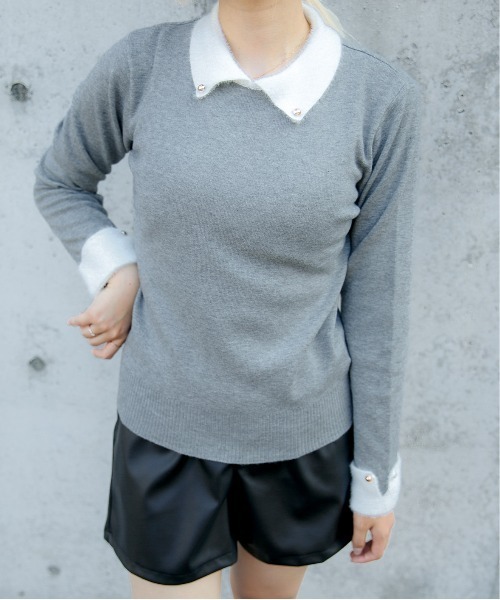 GORGE(ゴージ)の「《フェザー襟×袖口デザイン》レディース ニットプルオーバー/配色アクセント 秋冬(ニット/セーター・レディース・ブラック/オフホワイト/グレー・F)」の2枚目の写真