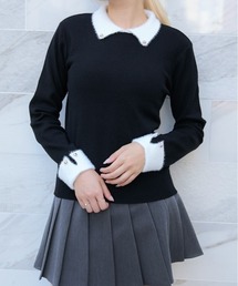 《フェザー襟×袖口デザイン》レディース ニットプルオーバー／配色アクセント 秋冬