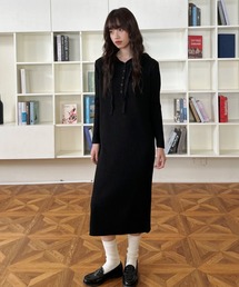 【Good Riddance】フード付き Iライン ヘンリーネック リブ ニットワンピース