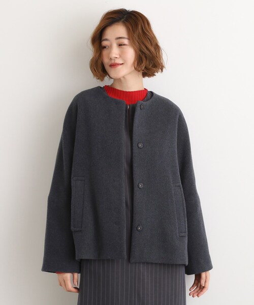 セール】【ウール混】軽やかに羽織れるショートコート（ノーカラー
