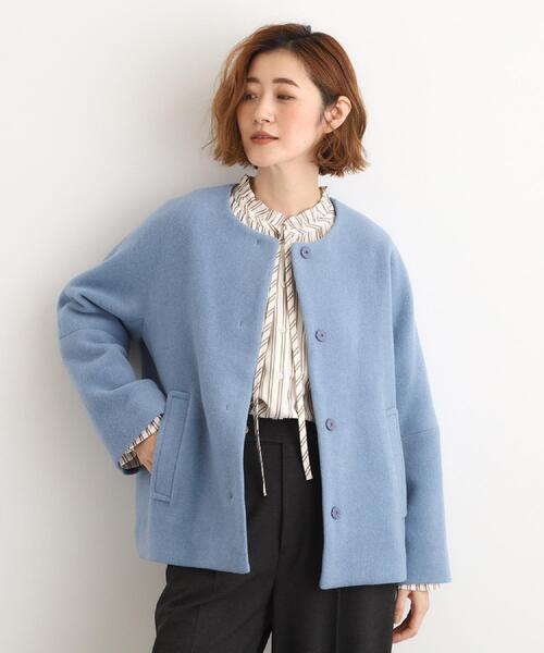 セール】【ウール混】軽やかに羽織れるショートコート（ノーカラー