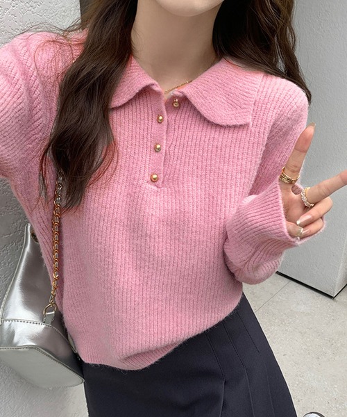 GLAMOROUS JANE(グラマラスジェーン)の「ポロ衿リブニットトップス(ニット/セーター・レディース・ブラック/ブルー/オフホワイト/ワインレッド/ピンク/ベージュ・FREE)」の1枚目の写真