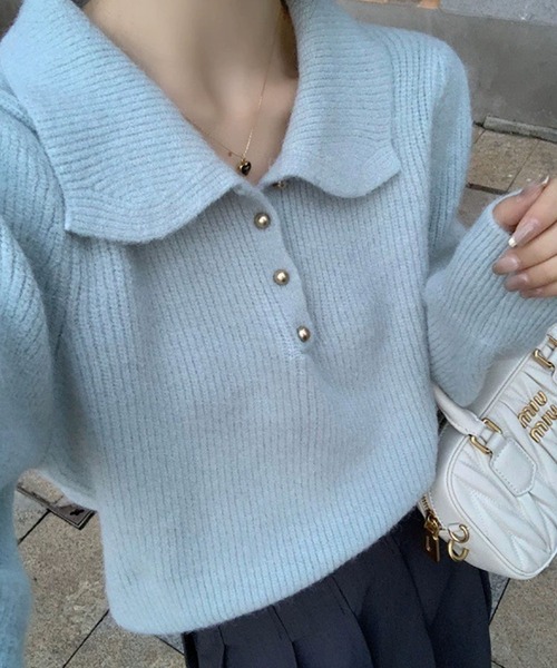 GLAMOROUS JANE(グラマラスジェーン)の「ポロ衿リブニットトップス(ニット/セーター・レディース・ブラック/ブルー/オフホワイト/ワインレッド/ピンク/ベージュ・FREE)」の5枚目の写真