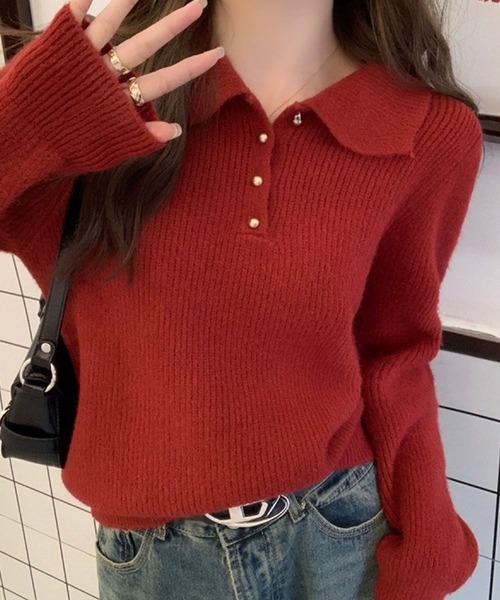 GLAMOROUS JANE(グラマラスジェーン)の「ポロ衿リブニットトップス(ニット/セーター・レディース・ブラック/ブルー/オフホワイト/ワインレッド/ピンク/ベージュ・FREE)」の6枚目の写真