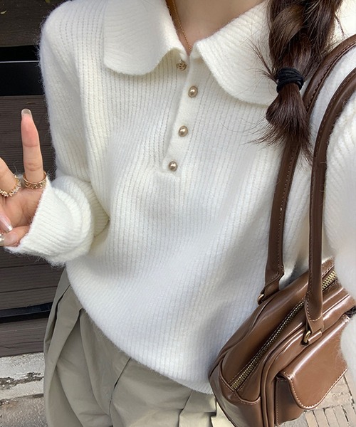 GLAMOROUS JANE(グラマラスジェーン)の「ポロ衿リブニットトップス(ニット/セーター・レディース・ブラック/ブルー/オフホワイト/ワインレッド/ピンク/ベージュ・FREE)」の7枚目の写真