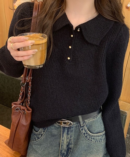 GLAMOROUS JANE(グラマラスジェーン)の「ポロ衿リブニットトップス(ニット/セーター・レディース・ブラック/ブルー/オフホワイト/ワインレッド/ピンク/ベージュ・FREE)」の8枚目の写真