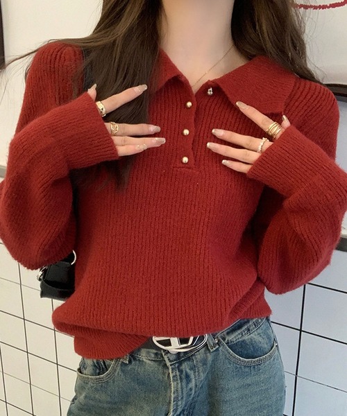 GLAMOROUS JANE(グラマラスジェーン)の「ポロ衿リブニットトップス(ニット/セーター・レディース・ブラック/ブルー/オフホワイト/ワインレッド/ピンク/ベージュ・FREE)」の12枚目の写真