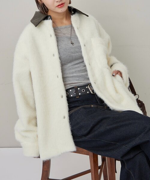 WHO'S WHO gallery（フーズフーギャラリー）の「襟切り替えシャギーシャツジャケット（その他アウター・レディース・グレー/アイボリー/ブラウン・FREE）」の7枚目の写真