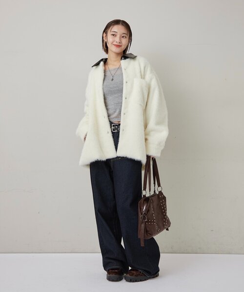 WHO'S WHO gallery（フーズフーギャラリー）の「襟切り替えシャギーシャツジャケット（その他アウター・レディース・グレー/アイボリー/ブラウン・FREE）」の9枚目の写真