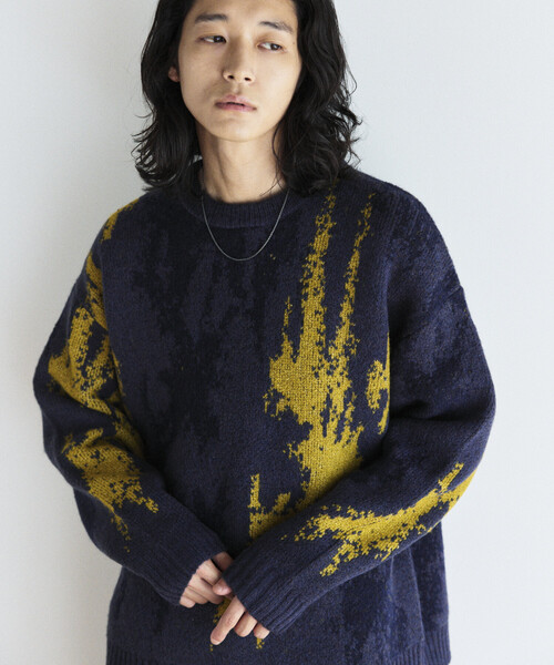 Firsthand(ファーストハンド)の「Firsthand/ファーストハンド 総柄 ダブルジャガード ニット クルーネック プルオーバー / リラックスフィット(ニット/セーター・メンズ・ブラック/キャメル/ネイビー・MEDIUM/LARGE)」の3枚目の写真