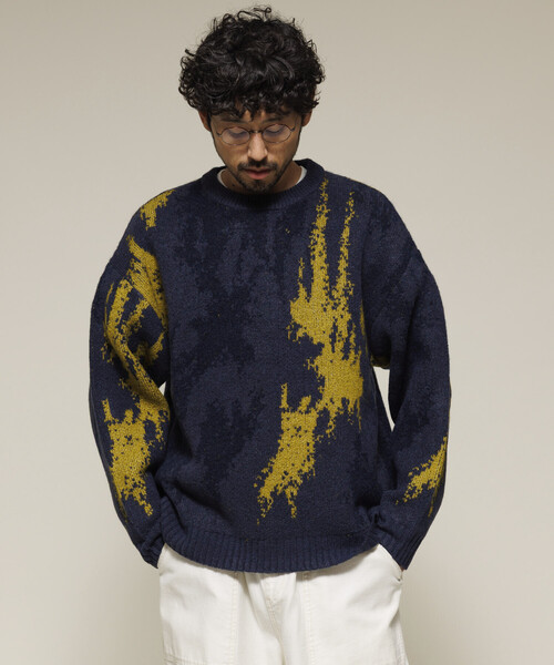 Firsthand(ファーストハンド)の「Firsthand/ファーストハンド 総柄 ダブルジャガード ニット クルーネック プルオーバー / リラックスフィット(ニット/セーター・メンズ・ブラック/キャメル/ネイビー・MEDIUM/LARGE)」の4枚目の写真