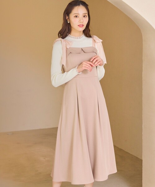 Feroux(フェルゥ)の「シアーリボンショルダー ジャンパースカート(ワンピース・レディース・ピンク系/グレー系・SMALL/MEDIUM)」の1枚目の写真