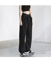 BUCKLE WIDE DENIM PANTS BLACK