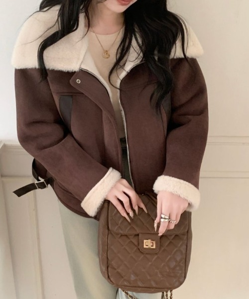 ABITOKYO（アビトーキョー）の「ボア襟ショート丈スエードジャケット（ブルゾン・レディース・ブラウン/モカ・FREE）」の3枚目の写真