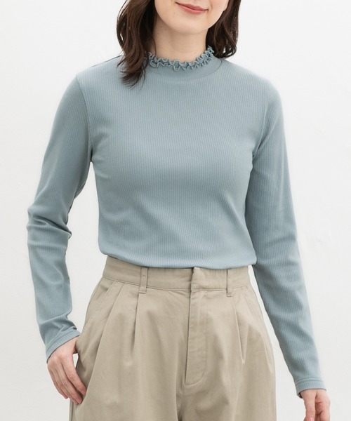 Honeys(ハニーズ)の「フリルハイネックTシャツ(Tシャツ/カットソー・レディース・ピンク/スミクロ/ライトベージュ/ブラック/サックスブルー/オフホワイト・M/LL/S/L)」の5枚目の写真